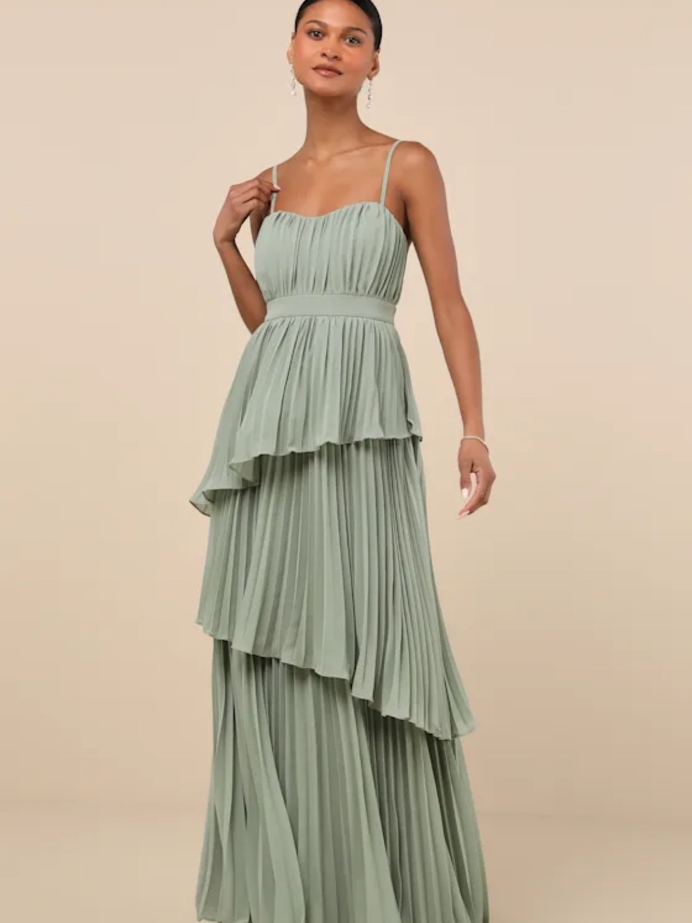 Lulu's Sage Pleated Tiered Maxi Dress